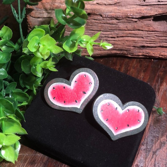 Heart Watermelon Pierced Wood Earrings - Picture 5 of 5